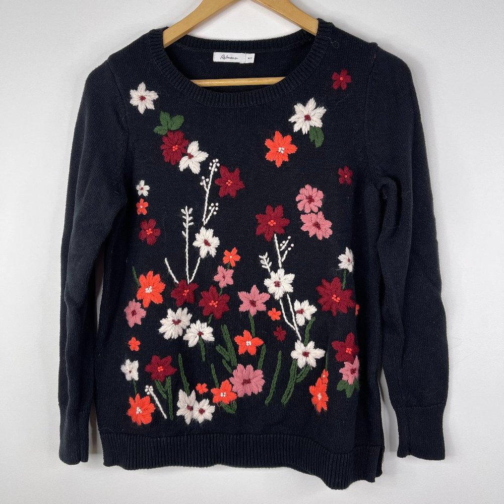 REITMANS Women Black Knit Embroidery Floral Crew Neck Pullover Sweater Size M